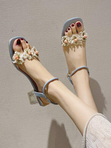 Women Flower Decor Clear Chunky Heeled Ankle Strap Sandals shein