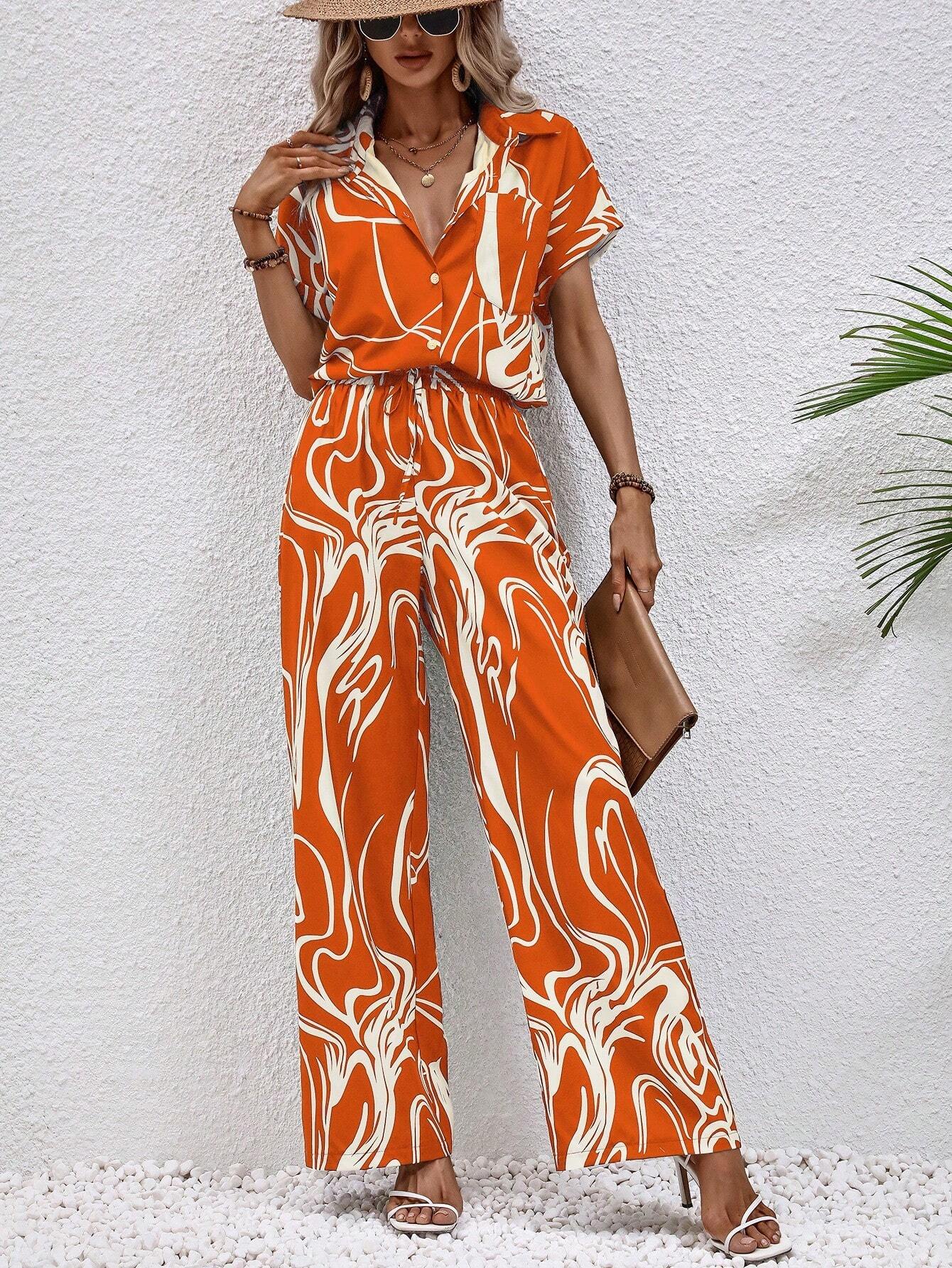 Clasi Graphic Print Batwing Sleeve Shirt & Wide Leg Pants shein