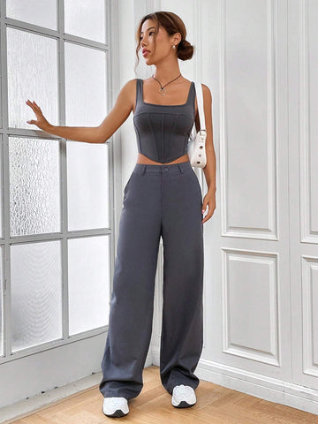 EZwear Solid Crop Tank Top & Pants shein