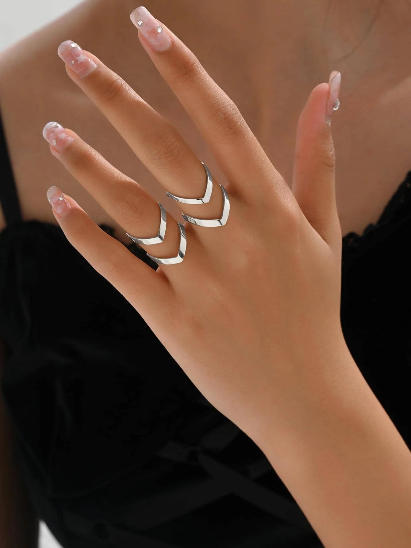 2pcs/set Simple Double Layered Letter V Shaped Open Ring For Women shein