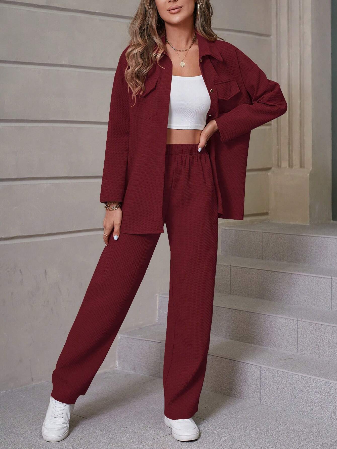 Relaxiva Flap Detail Drop Shoulder Shirt & Pants shein