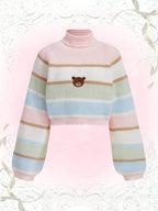 ROMWE Kawaii Bear Embroidery Striped Pattern Colorblock Raglan Sleeve Mock Neck Sweater shein