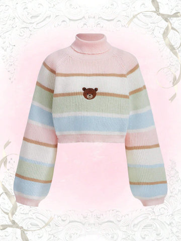 ROMWE Kawaii Bear Embroidery Striped Pattern Colorblock Raglan Sleeve Mock Neck Sweater