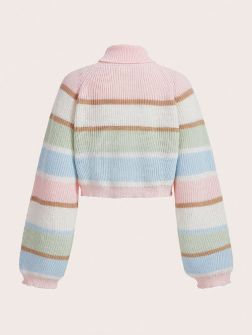 ROMWE Kawaii Bear Embroidery Striped Pattern Colorblock Raglan Sleeve Mock Neck Sweater shein