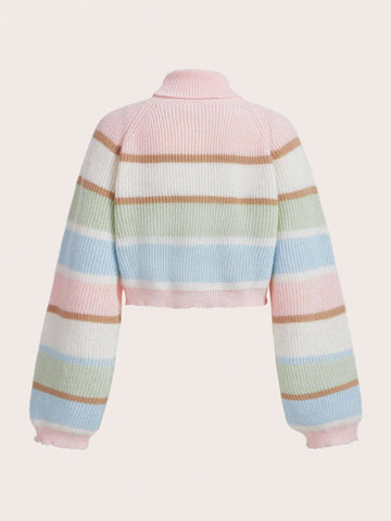 ROMWE Kawaii Bear Embroidery Striped Pattern Colorblock Raglan Sleeve Mock Neck Sweater