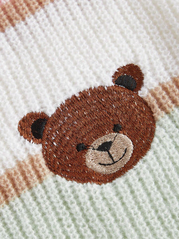 ROMWE Kawaii Bear Embroidery Striped Pattern Colorblock Raglan Sleeve Mock Neck Sweater