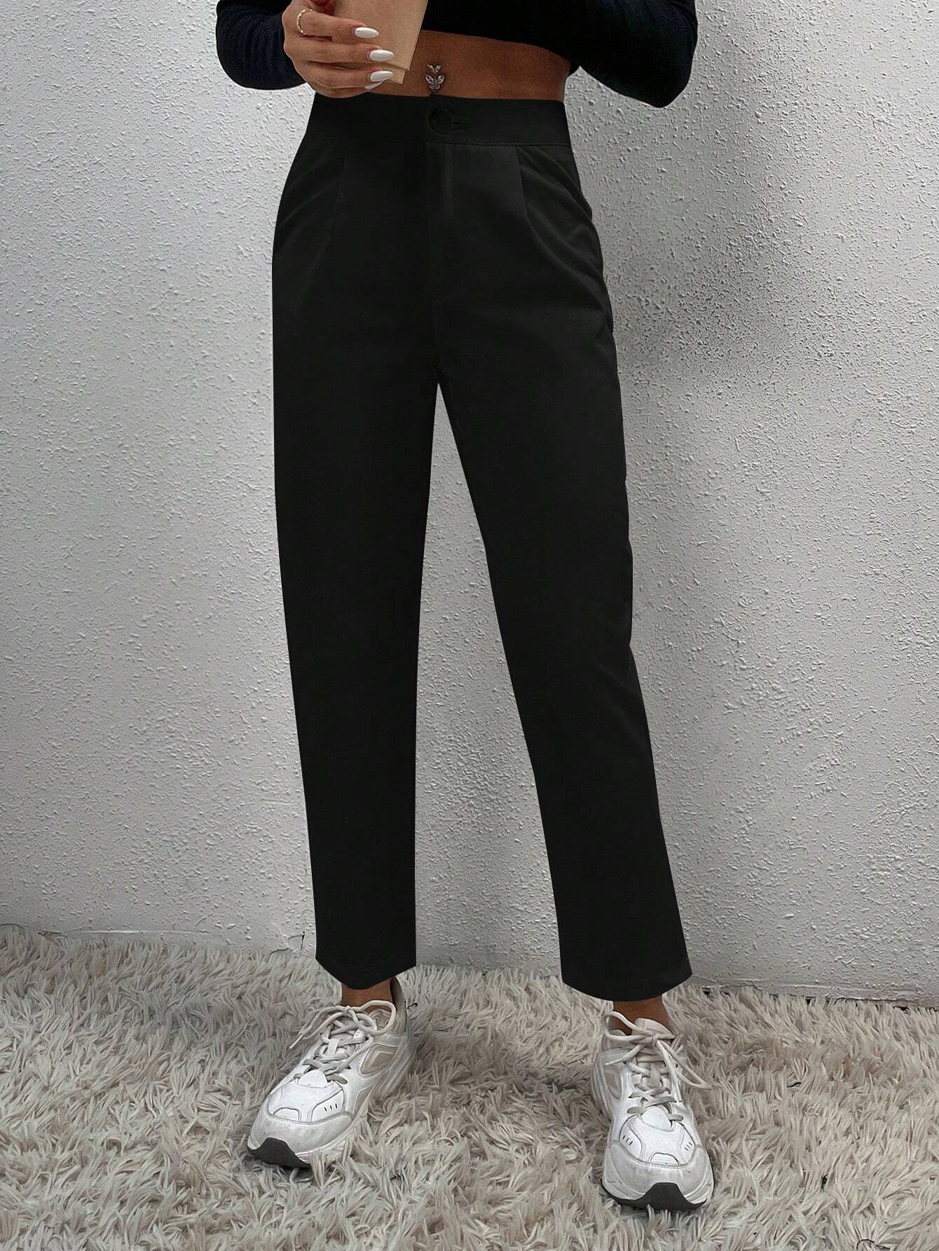 PETITE Solid Fold Pleated White Pants shein