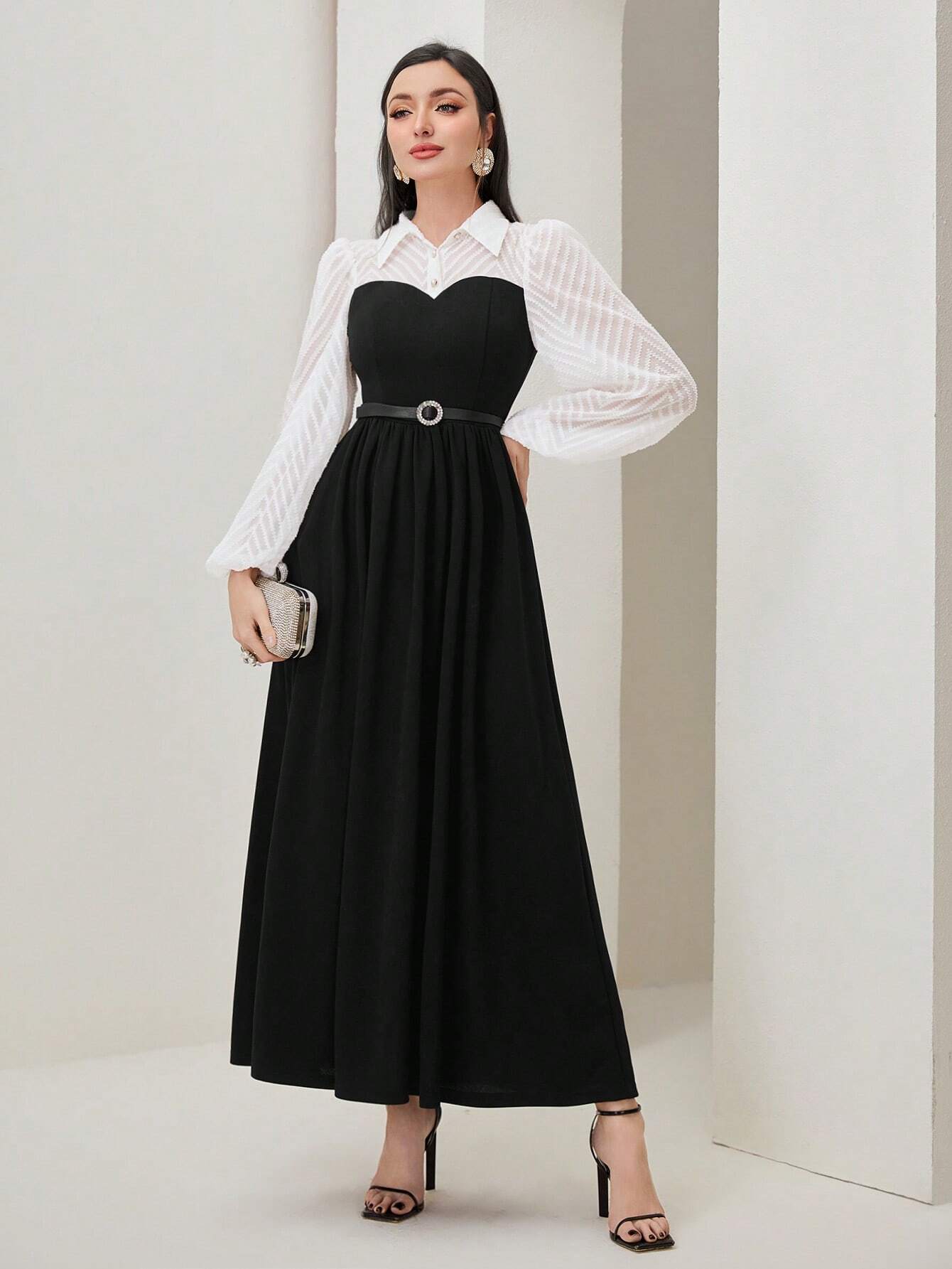 Modely Two Tone Lantern Sleeve Dress shein