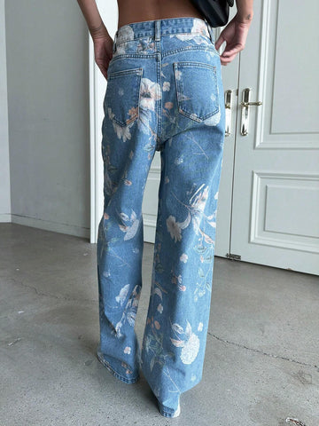 DAZY Floral Print Straight Leg Jeans shein