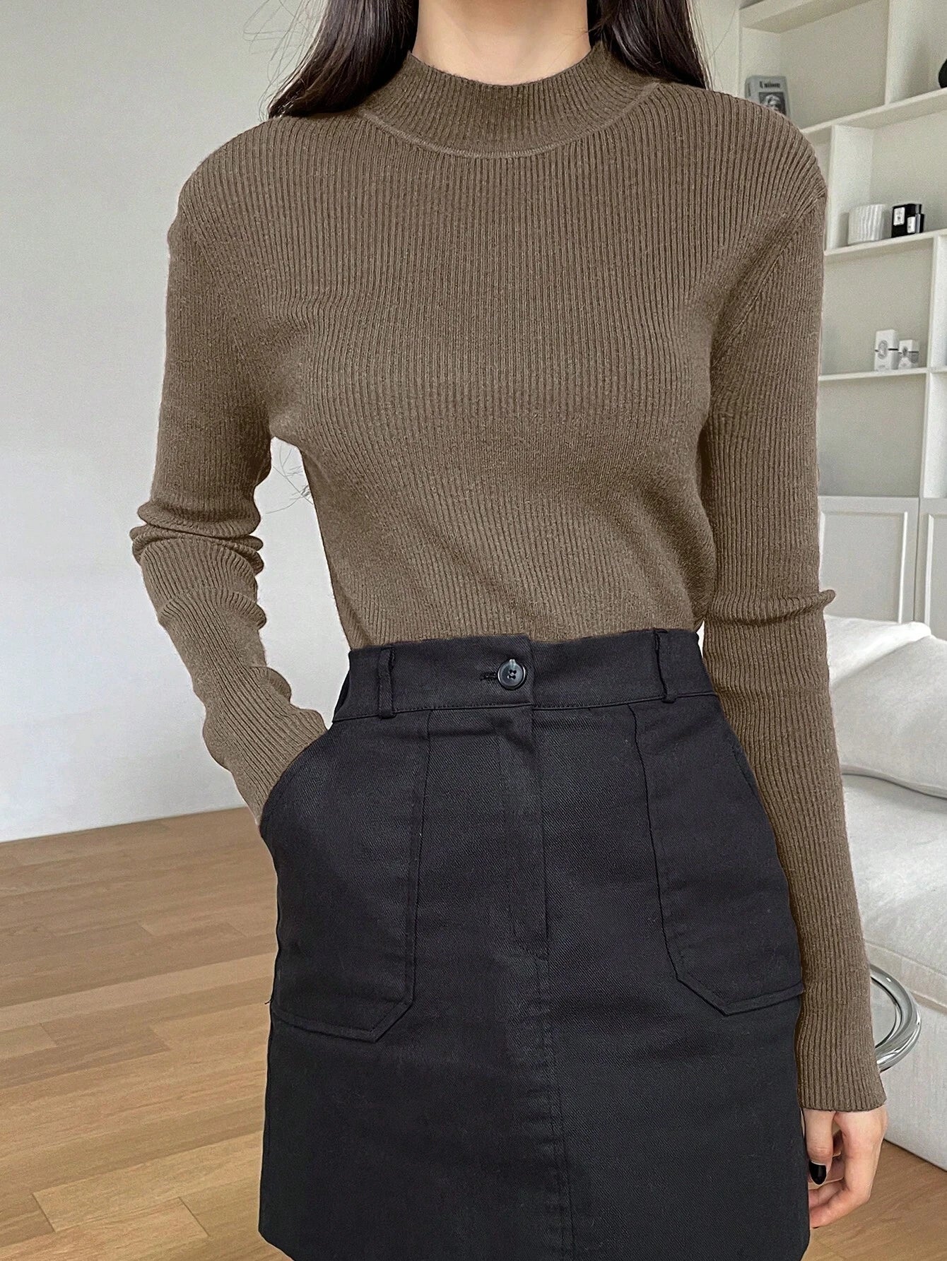 DAZY Women's Solid Stand Collar Long Sleeve Casual Business Pullover Sweater shein