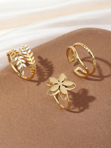 Onelike 3pcs Gold Color yellow stainless steel wheat ears leaves/Flower, Simple ladies ring set shein