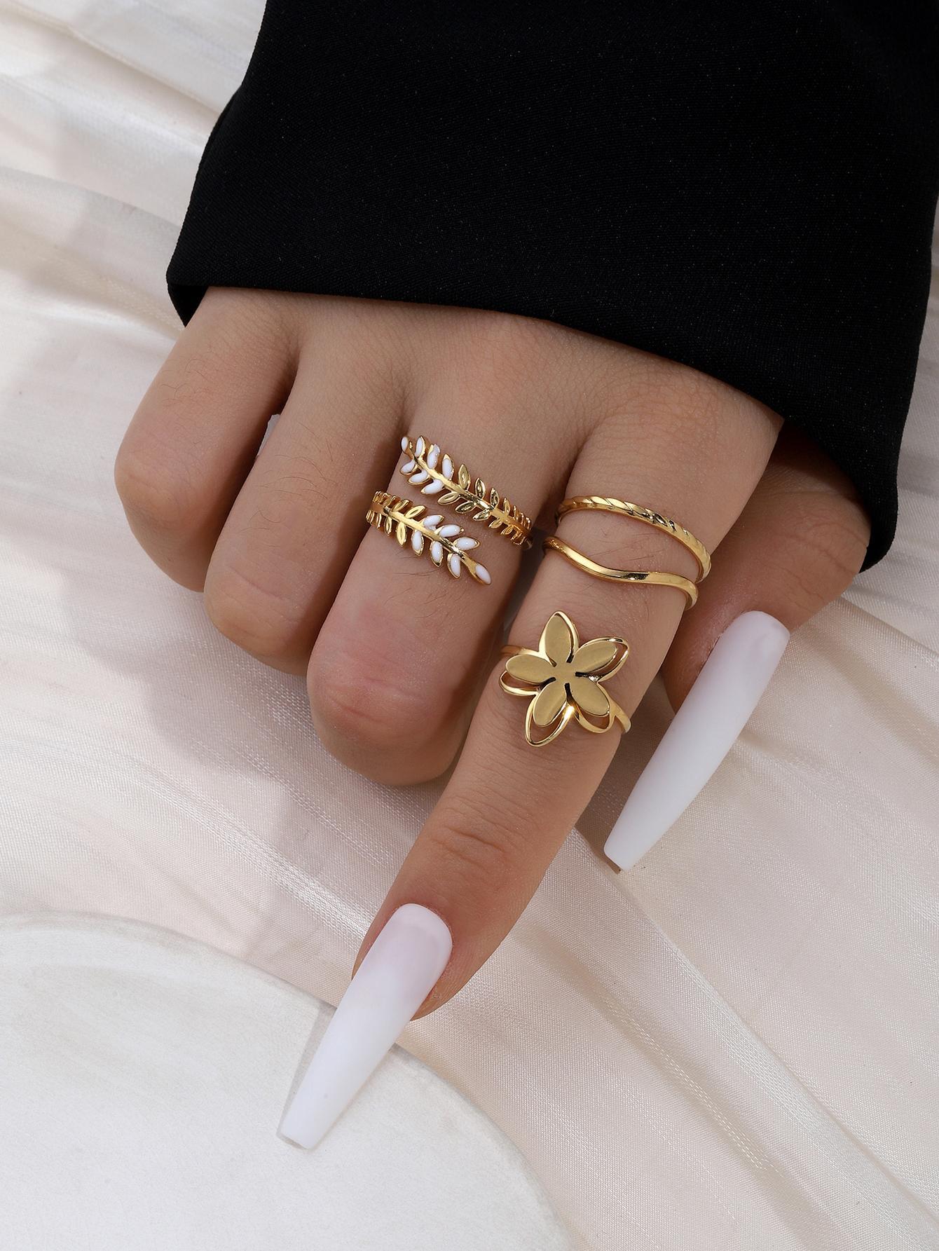 Onelike 3pcs Gold Color yellow stainless steel wheat ears leaves/Flower, Simple ladies ring set shein