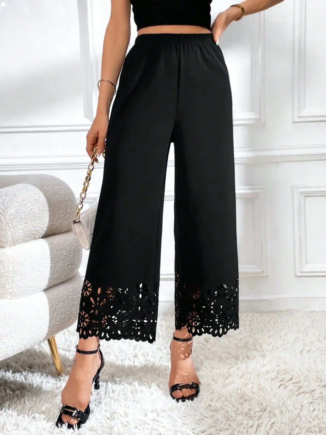 Priv� Laser Cut Out Wide Leg Pants shein