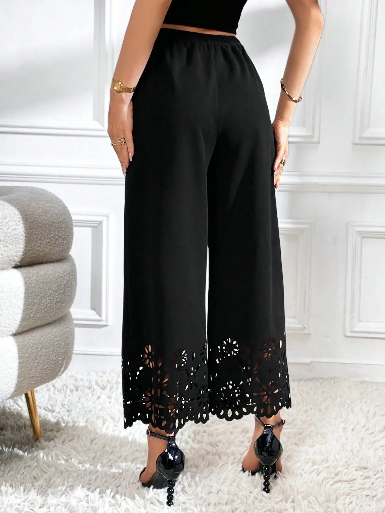 Priv� Laser Cut Out Wide Leg Pants shein