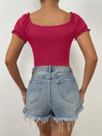Raffinéa Ruched Front Sweetheart Neck Puff Sleeve Crop Tee shein