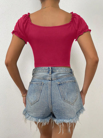 Raffinéa Ruched Front Sweetheart Neck Puff Sleeve Crop Tee