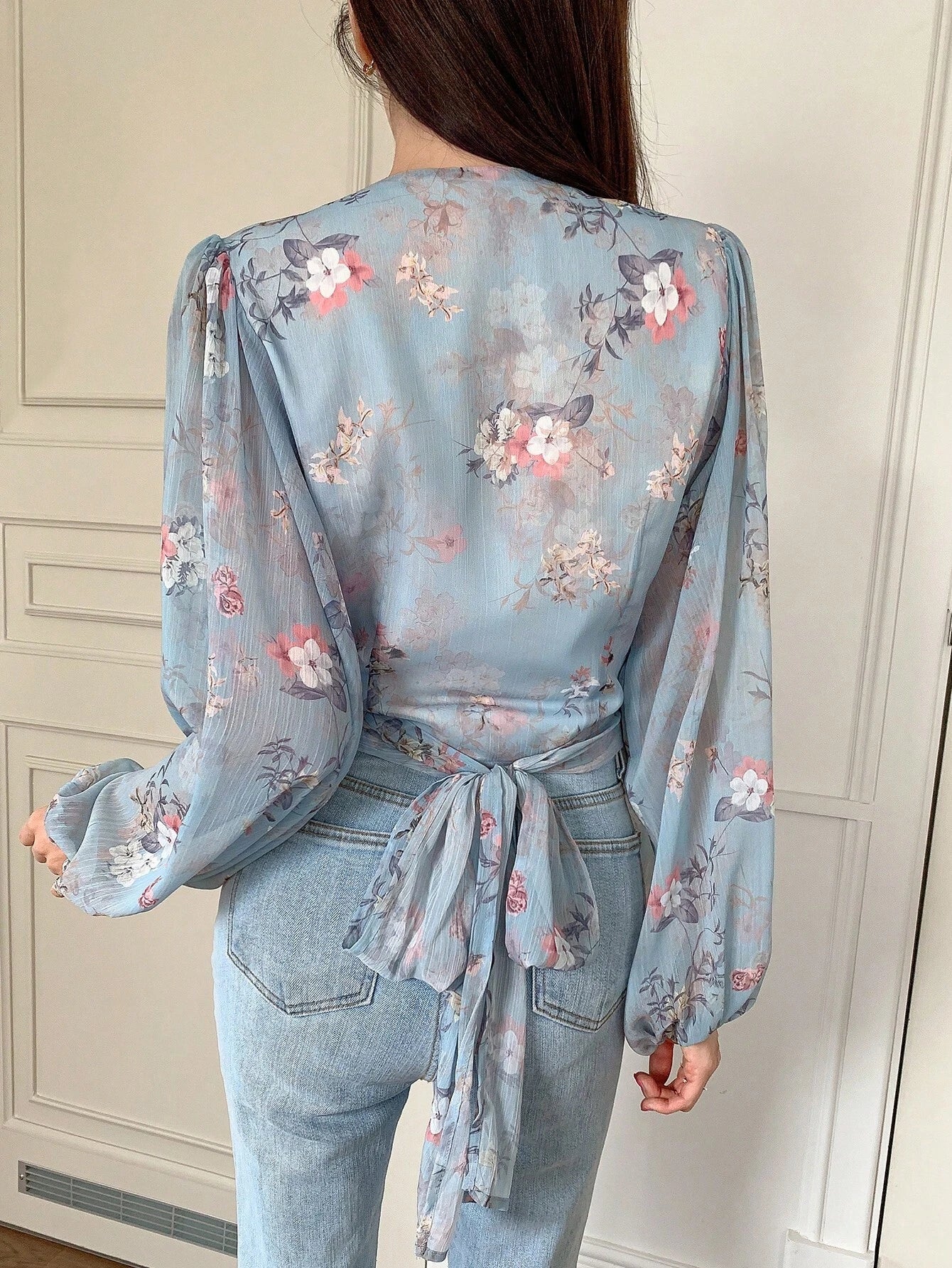 DAZY Floral Print Lantern Sleeve Tie-Waist Shirt shein