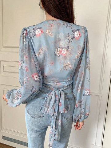 DAZY Floral Print Tie Back Lantern Sleeve Blouse