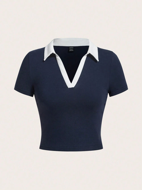 EZwear Summer Outfits Contrast Collar Crop Tee shein