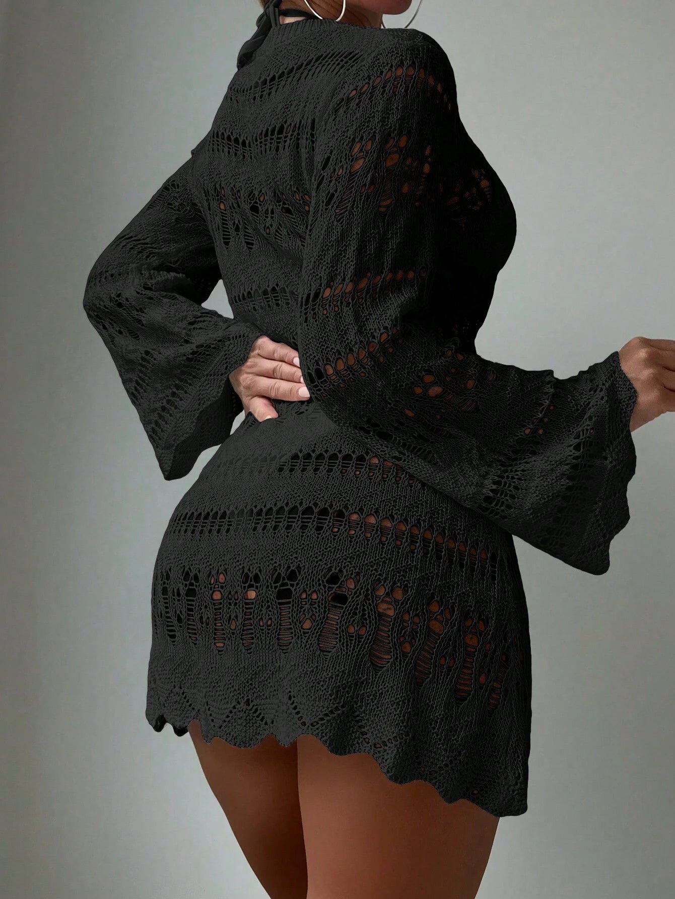 Swim Summer Beach Hollow Out Scallop Trim Cover Up Dress Without Bikini shein