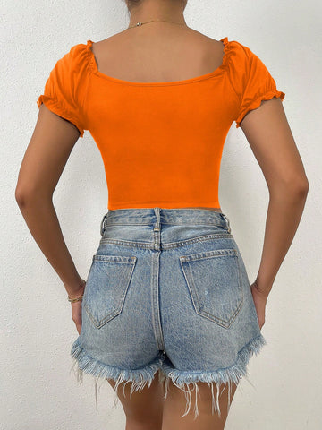 Raffinéa Ruched Front Sweetheart Neck Puff Sleeve Crop Tee