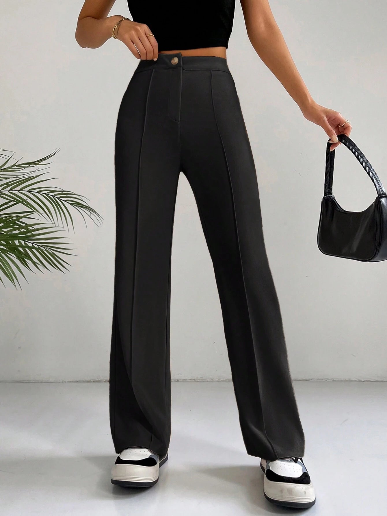 EZwear Y2k Solid Zipper Fly Seam Detail Pants Flare Leggings shein