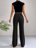 EZwear Y2k Solid Zipper Fly Seam Detail Pants Flare Leggings shein