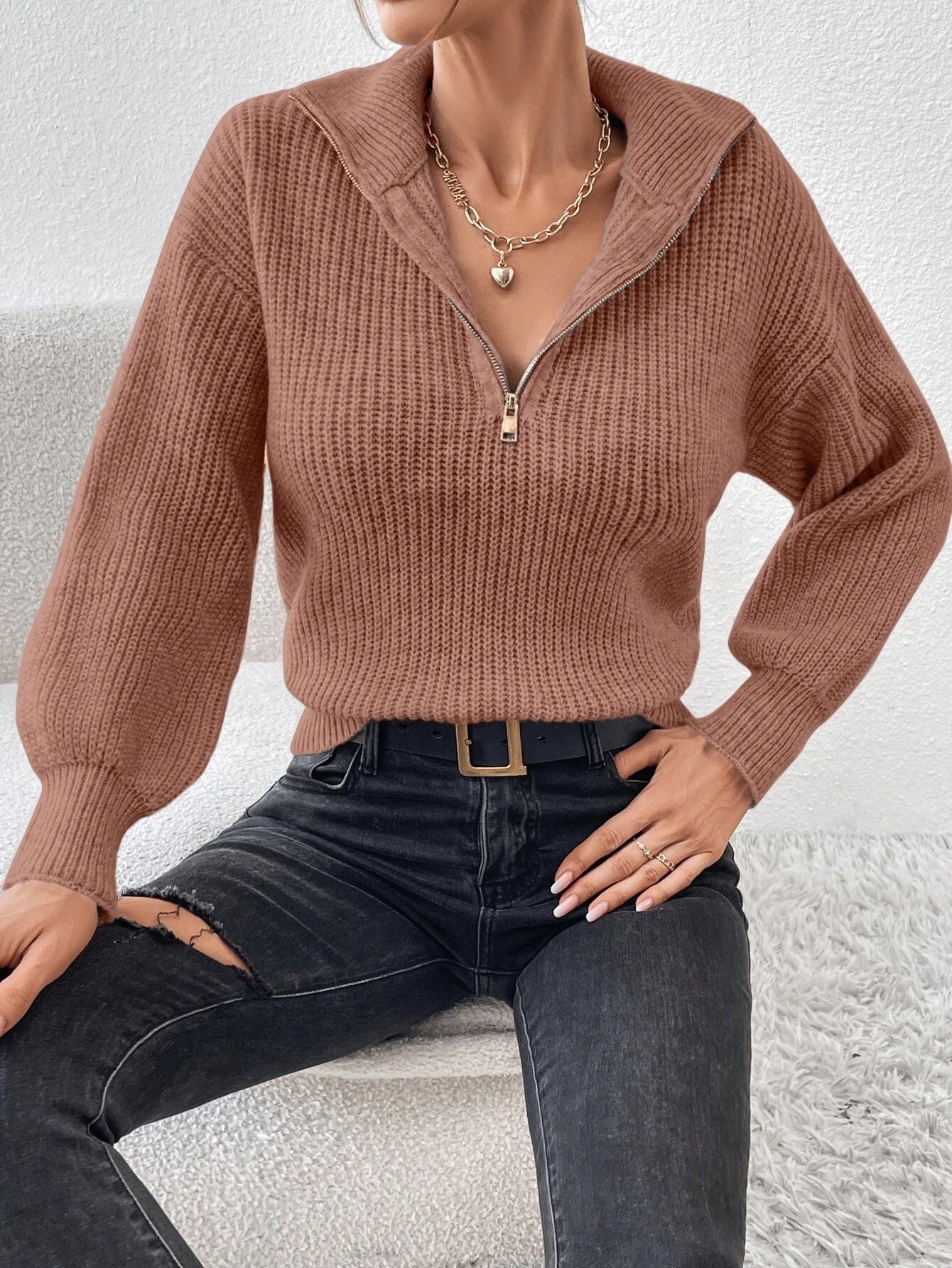 Frenchy Half Zip Drop Shoulder Grain Sweater shein