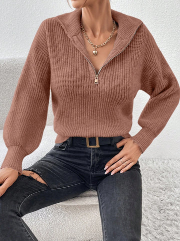 Frenchy Half Zip Drop Shoulder Grain Sweater