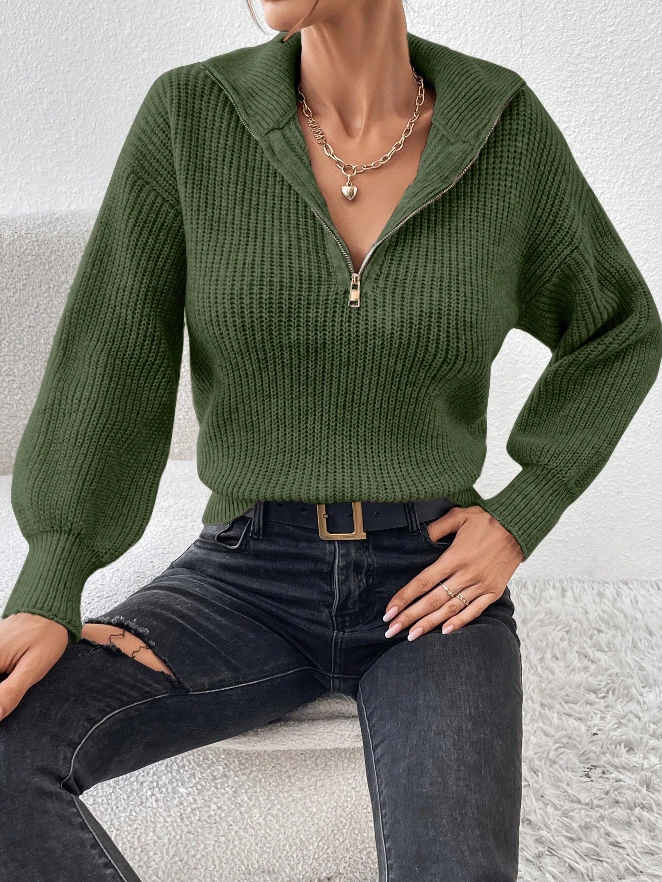 Frenchy Half Zip Drop Shoulder Grain Sweater shein