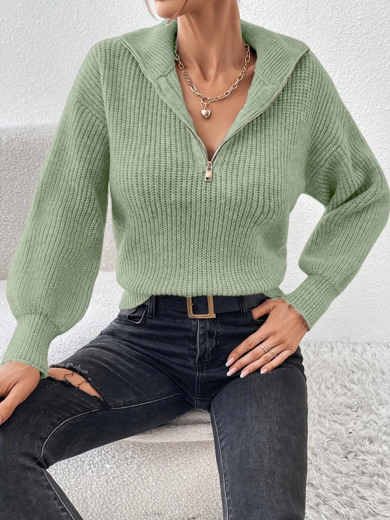 Frenchy Half Zip Drop Shoulder Grain Sweater shein