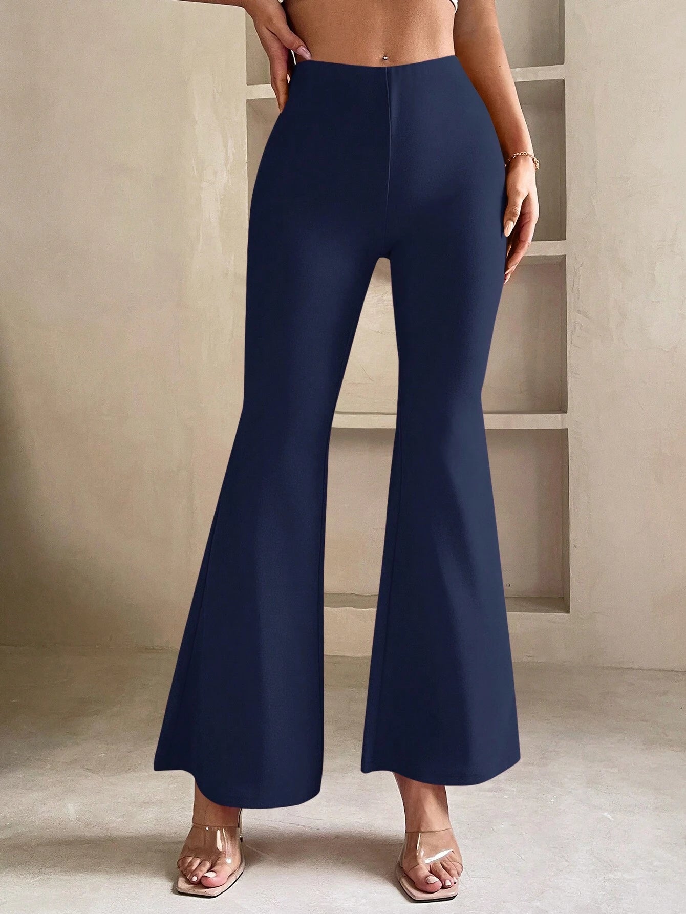 PETITE Solid Flare Leg Pants shein