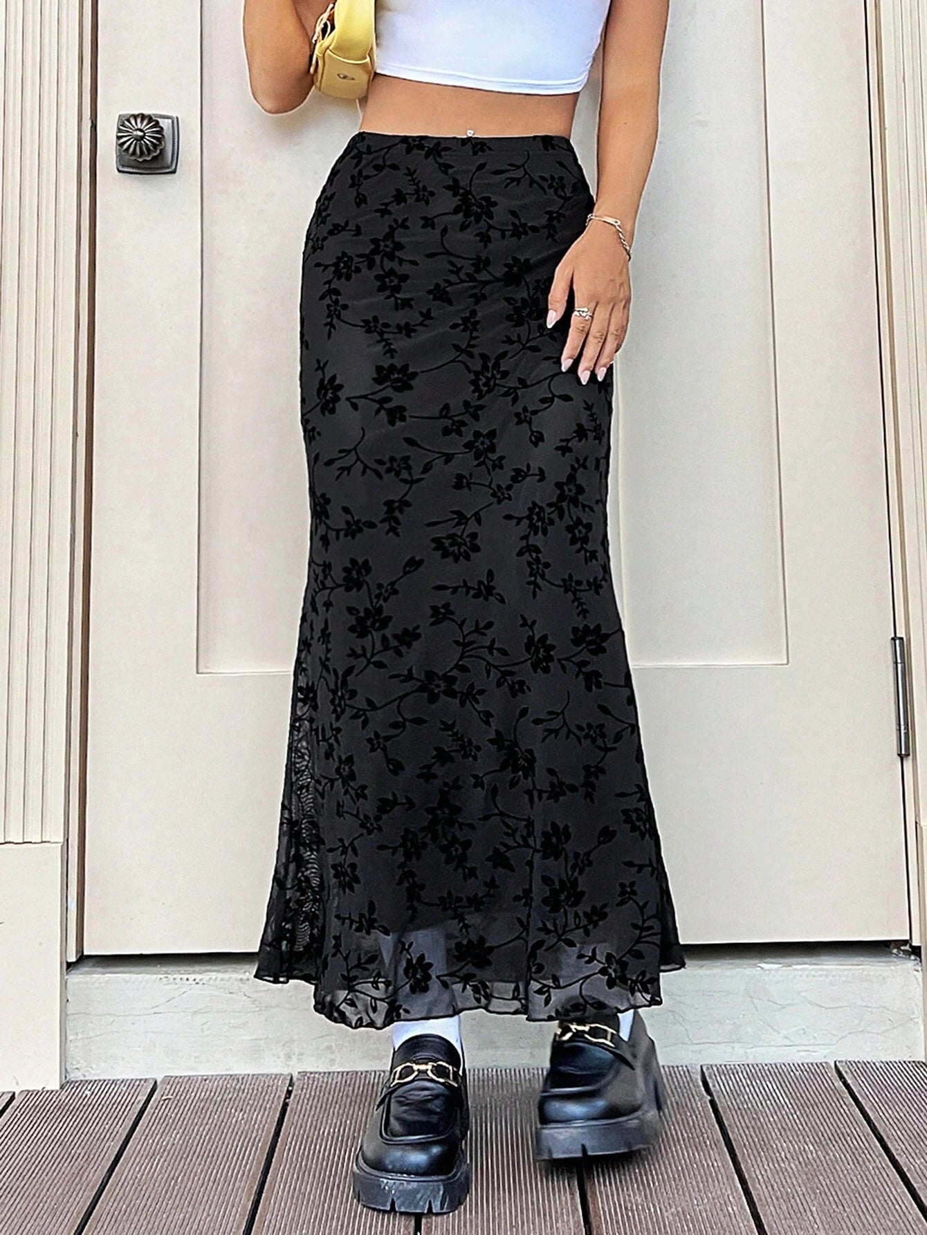 EZwear Floral Print Mermaid Hem Mesh Skirt