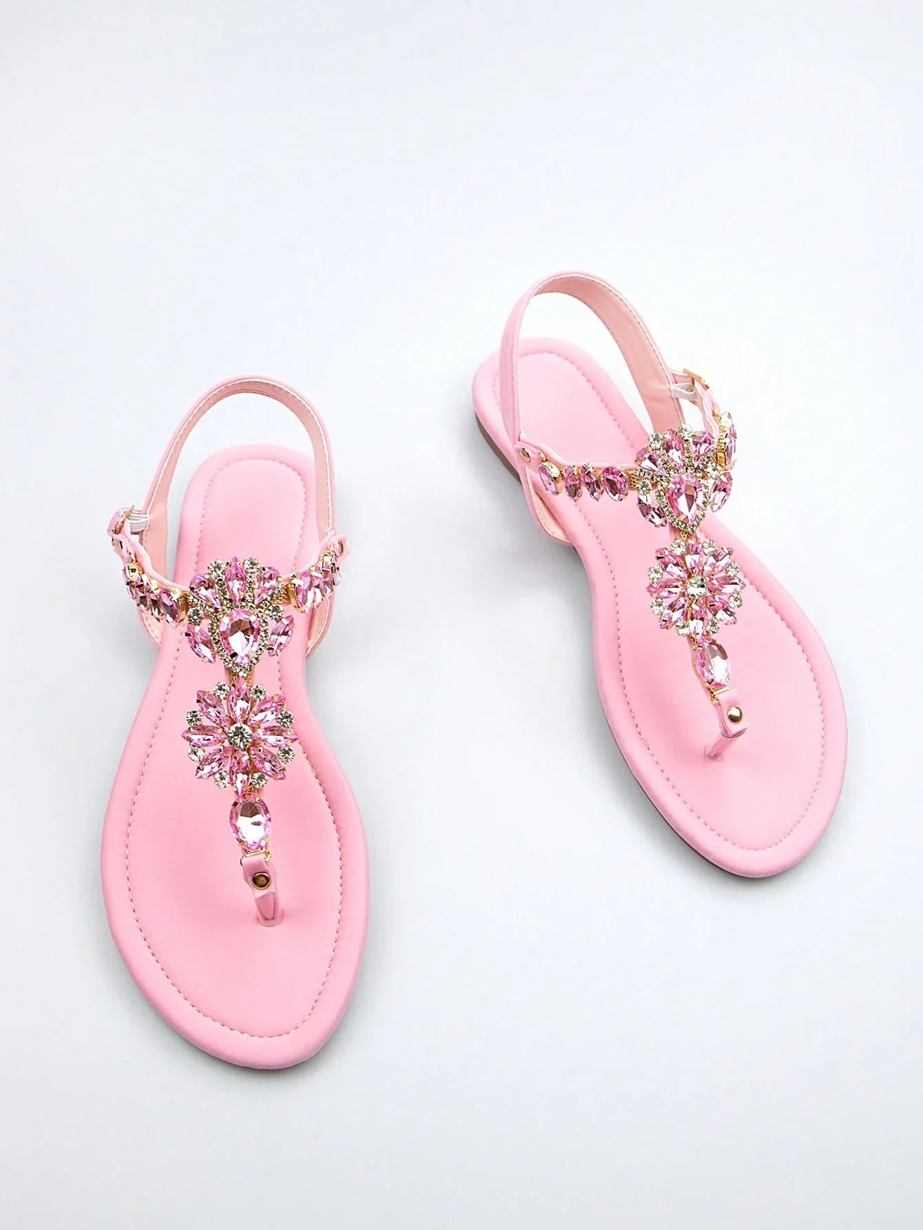 Women Rhinestone Decor Ankle Strap Thong Sandals shein
