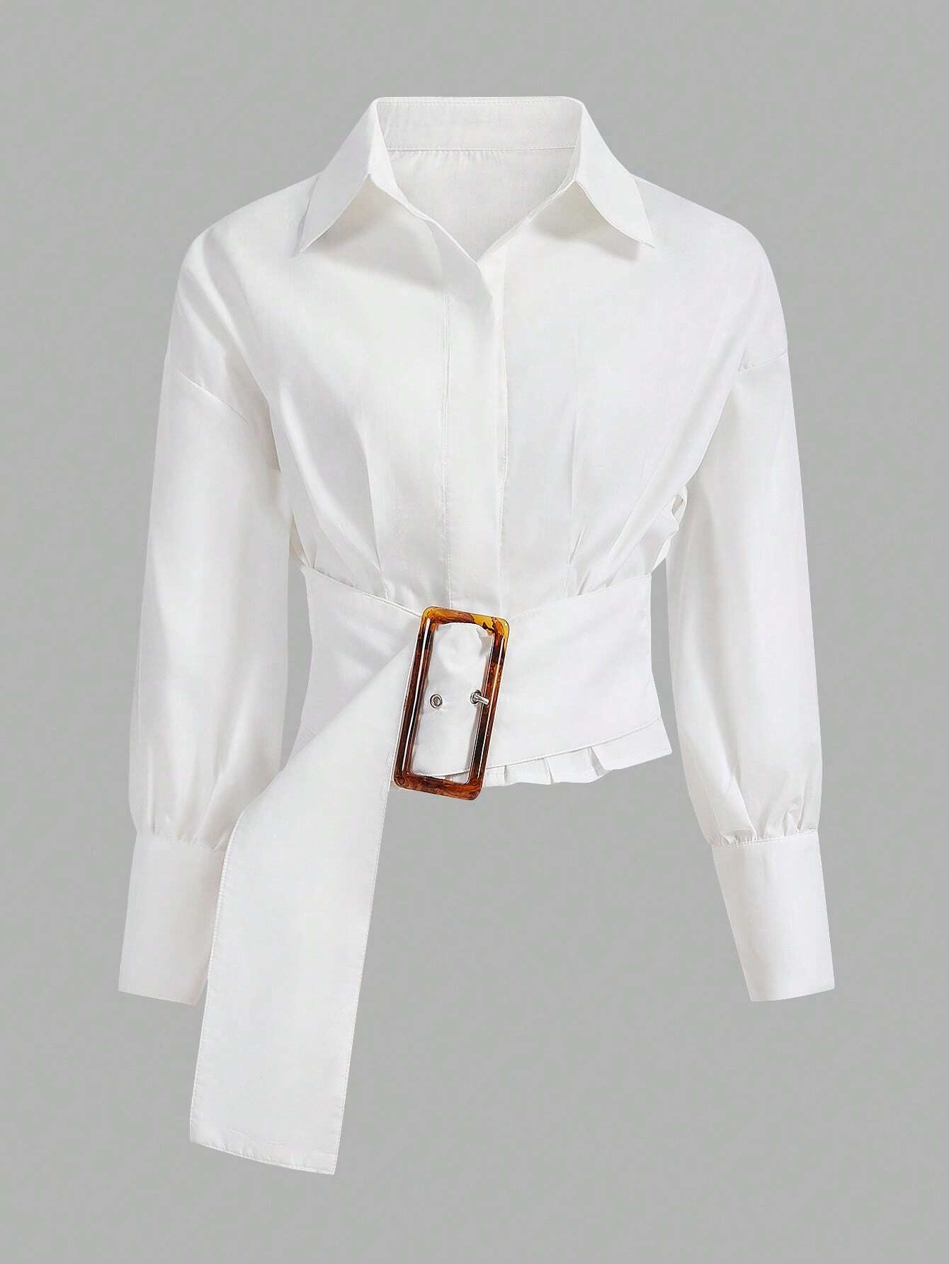Aveloria Modichic Solid Color Pleated Decorated Buttoned Long Sleeve Shirt shein