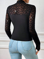 Privé Geo Print Contrast Mesh Mock Neck Top shein