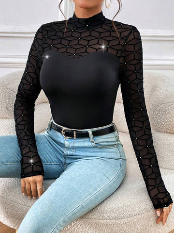 Privé Geo Print Contrast Mesh Mock Neck Top