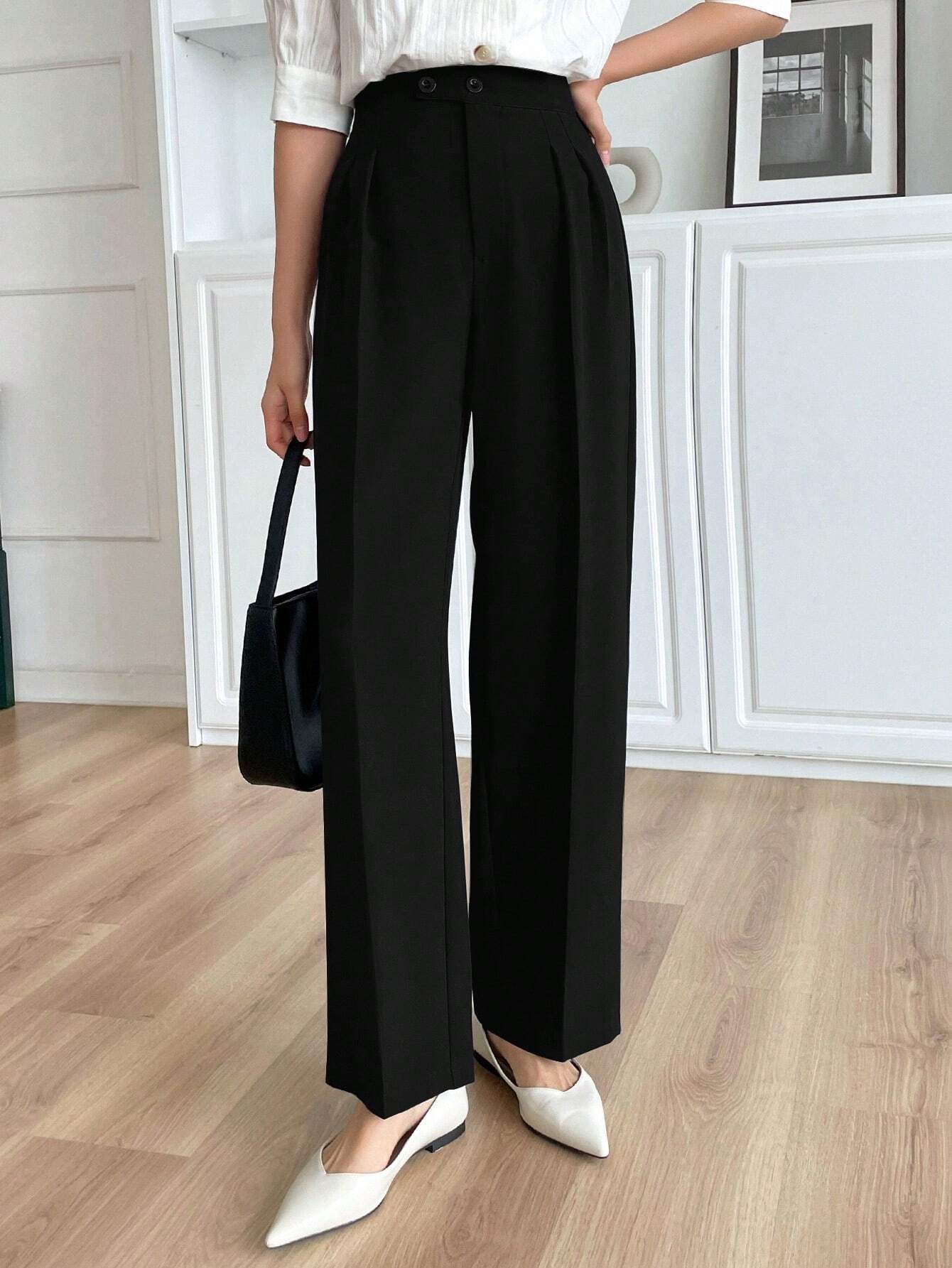 Solid Color Buttoned Straight Leg Regular Fit Casual Pants shein