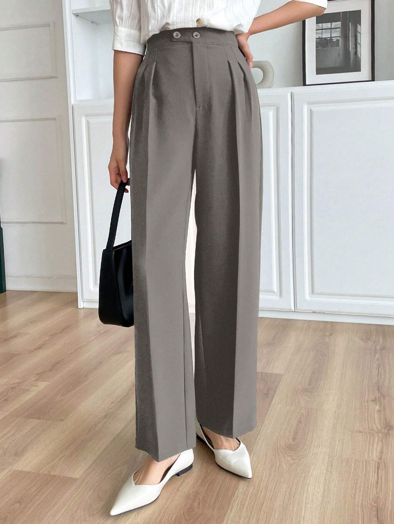 Solid Color Buttoned Straight Leg Regular Fit Casual Pants shein