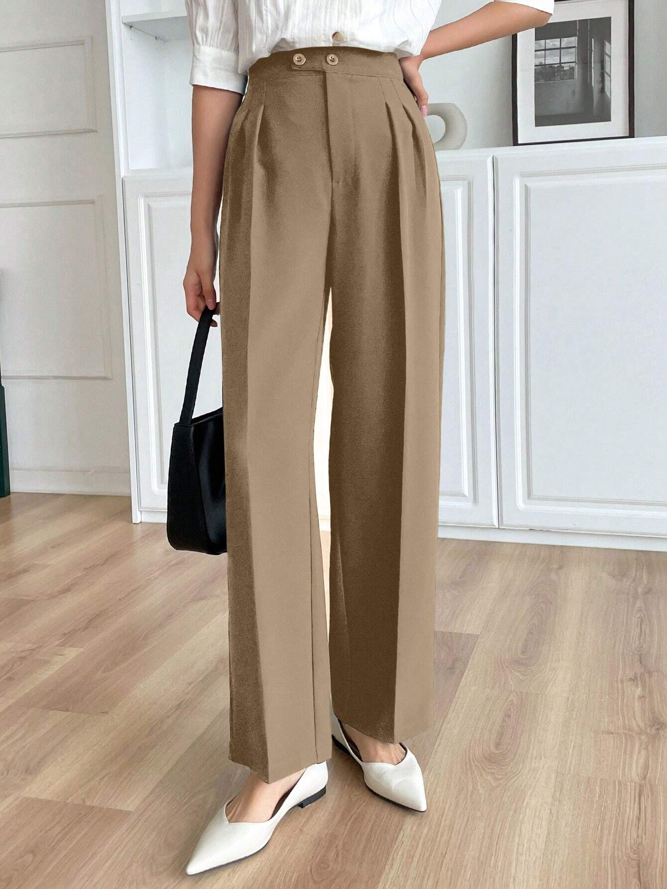 Solid Color Buttoned Straight Leg Regular Fit Casual Pants shein