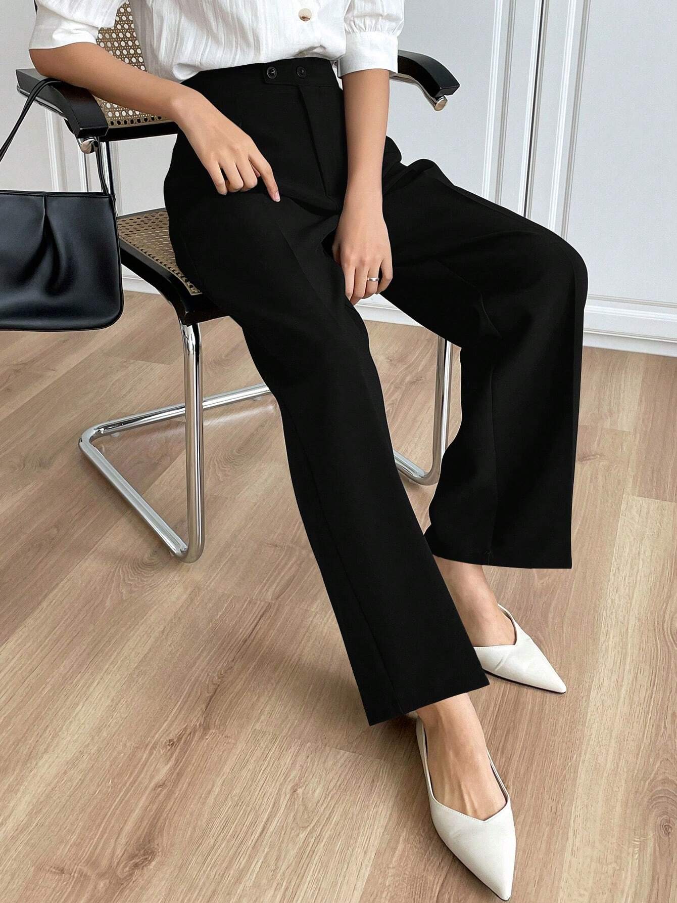 Solid Color Buttoned Straight Leg Regular Fit Casual Pants shein