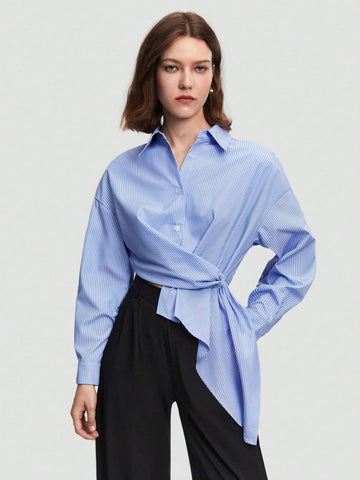 BIZwear Solid Drop Shoulder Asymmetrical Hem Shirt shein