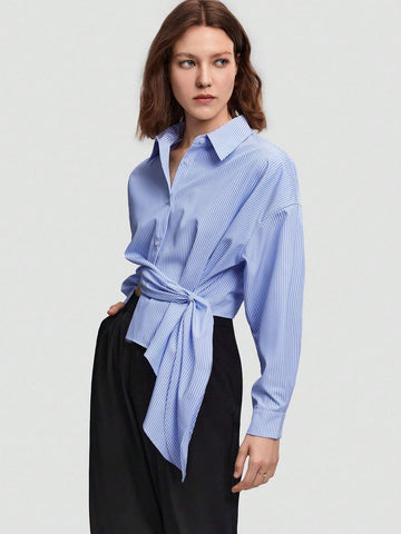 BIZwear Solid Drop Shoulder Asymmetrical Hem Shirt shein