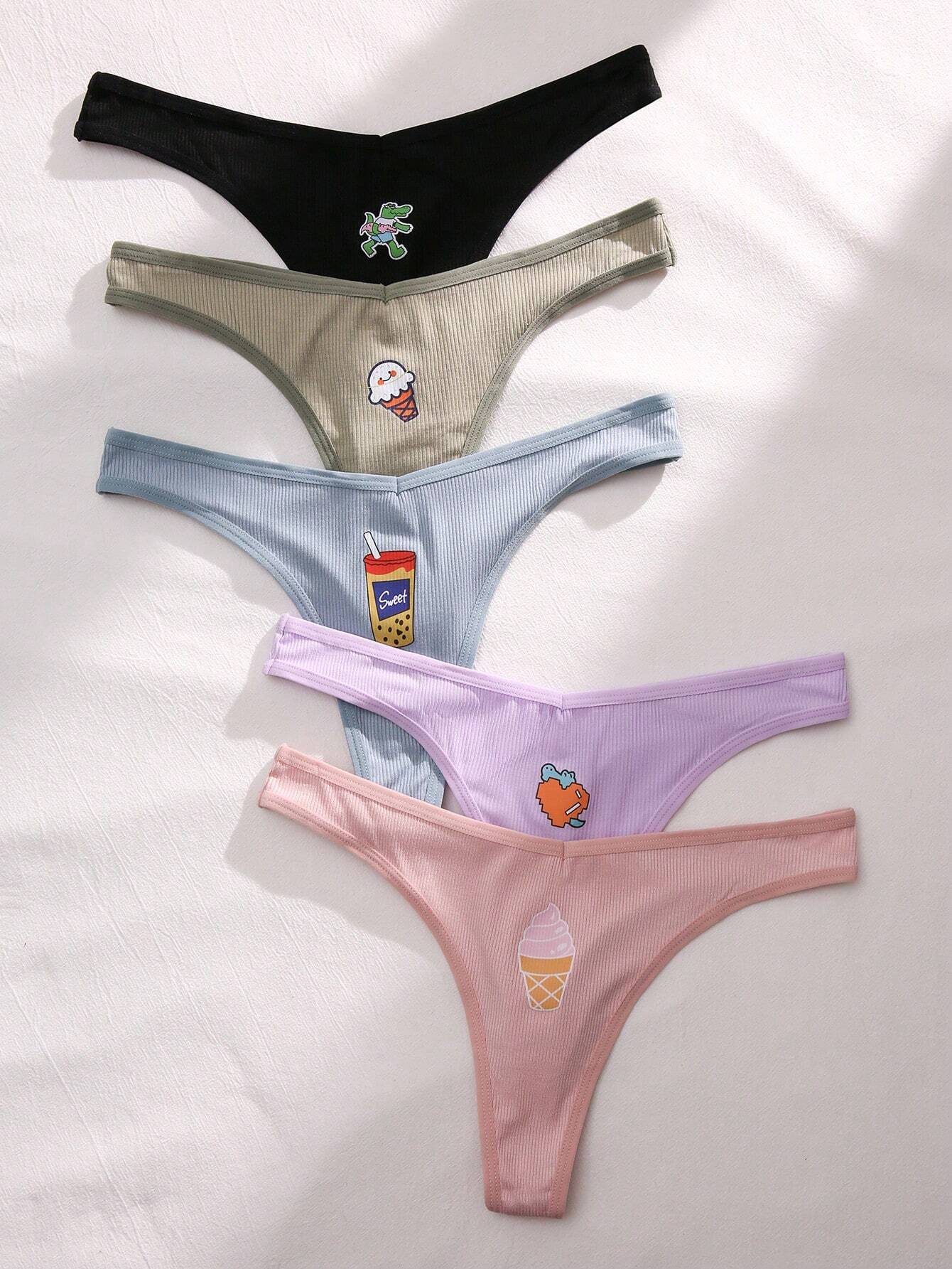 5pack Cartoon Graphic Thong shein