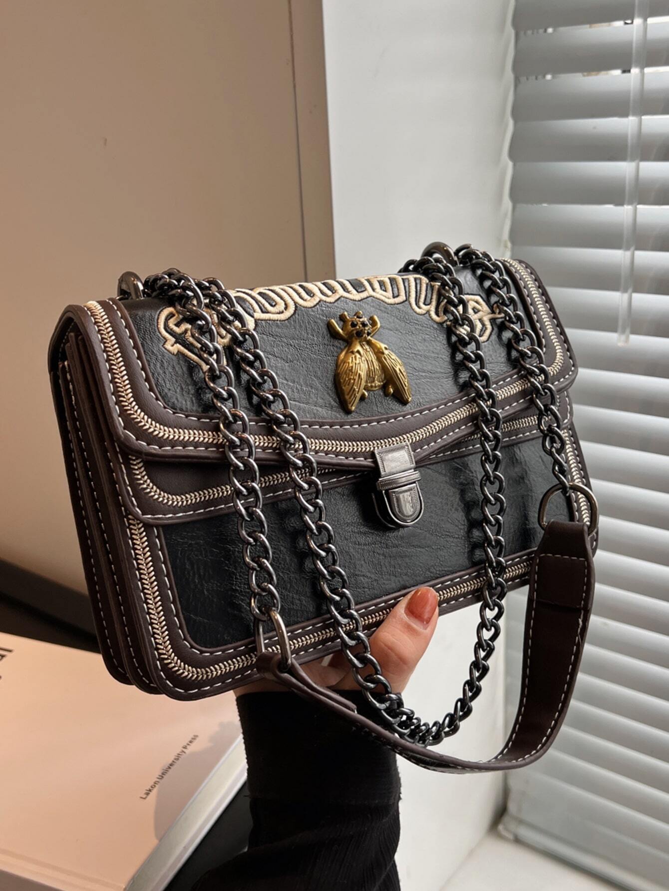 Small Flap Square Bag Letter Embroidered Metal Decor shein