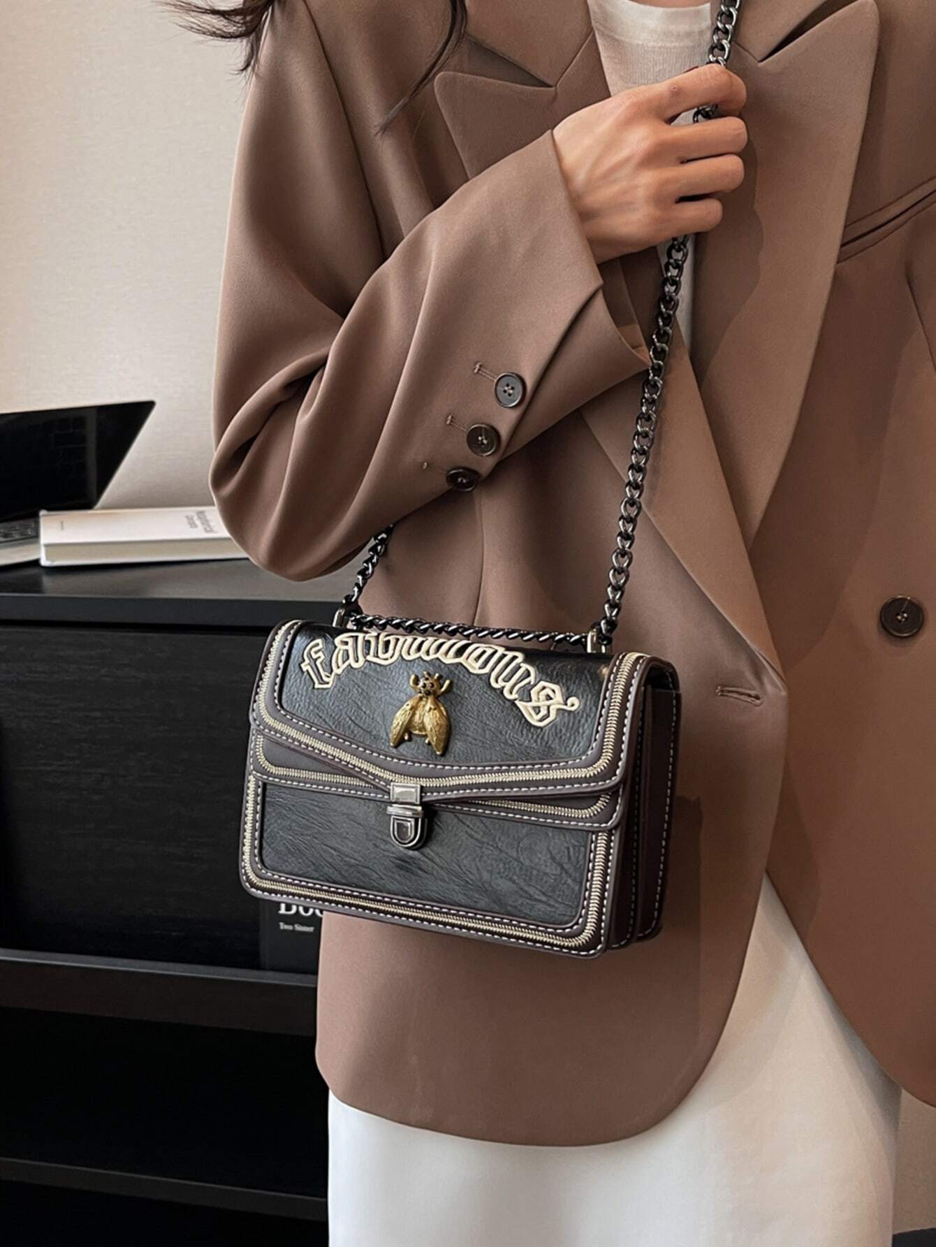 Small Flap Square Bag Letter Embroidered Metal Decor shein