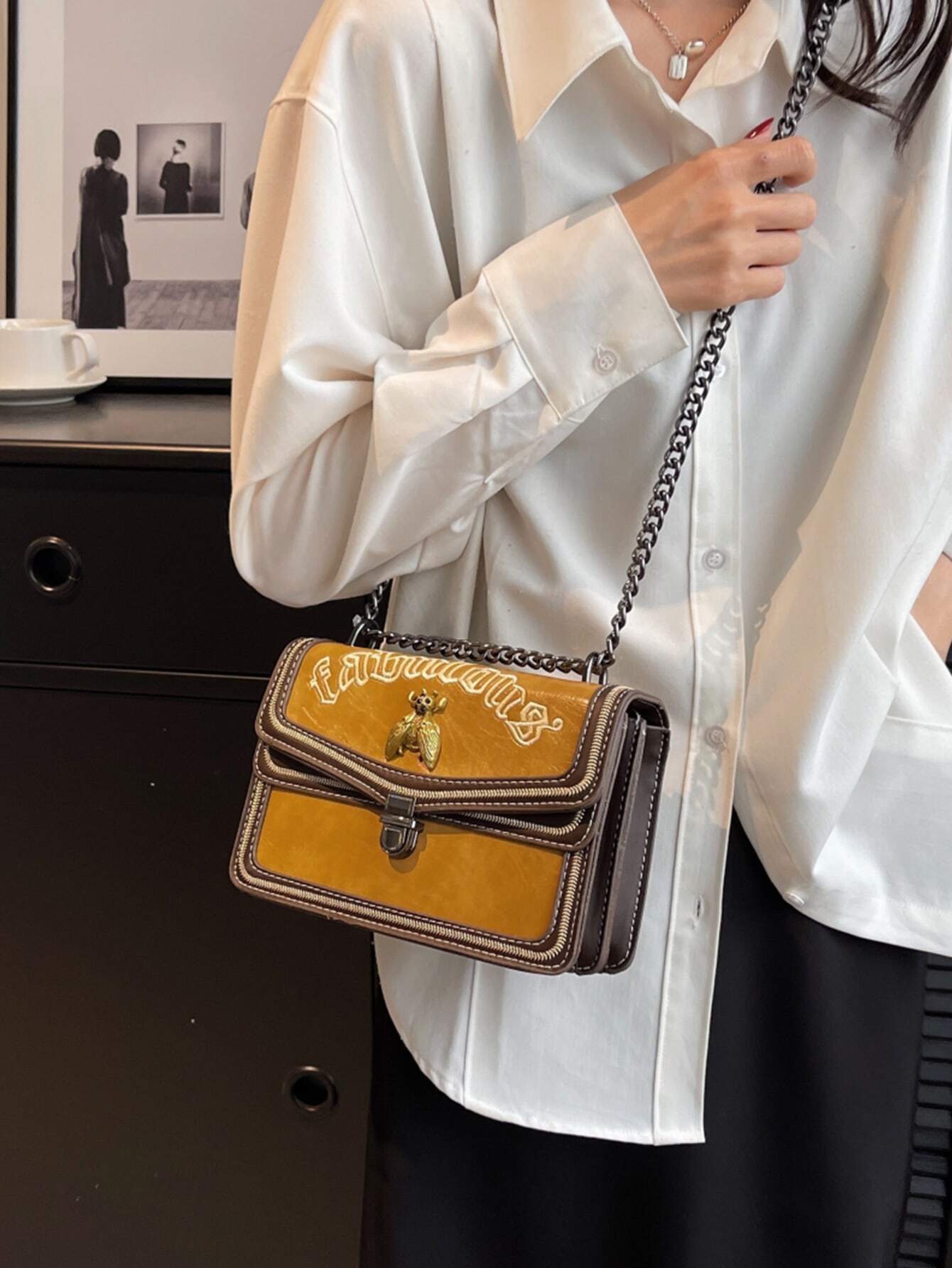 Small Flap Square Bag Letter Embroidered Metal Decor shein