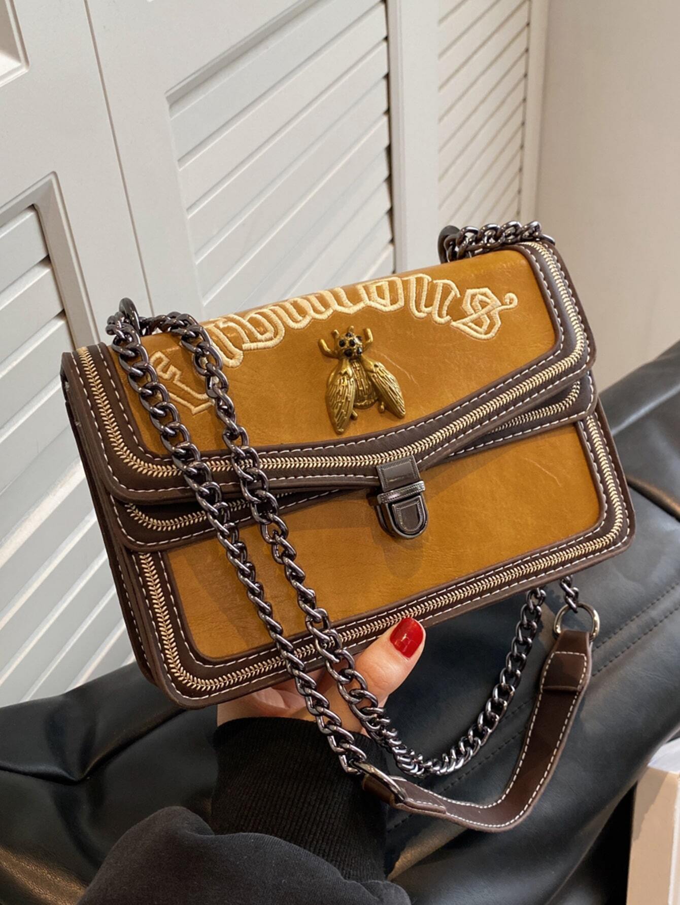Small Flap Square Bag Letter Embroidered Metal Decor shein