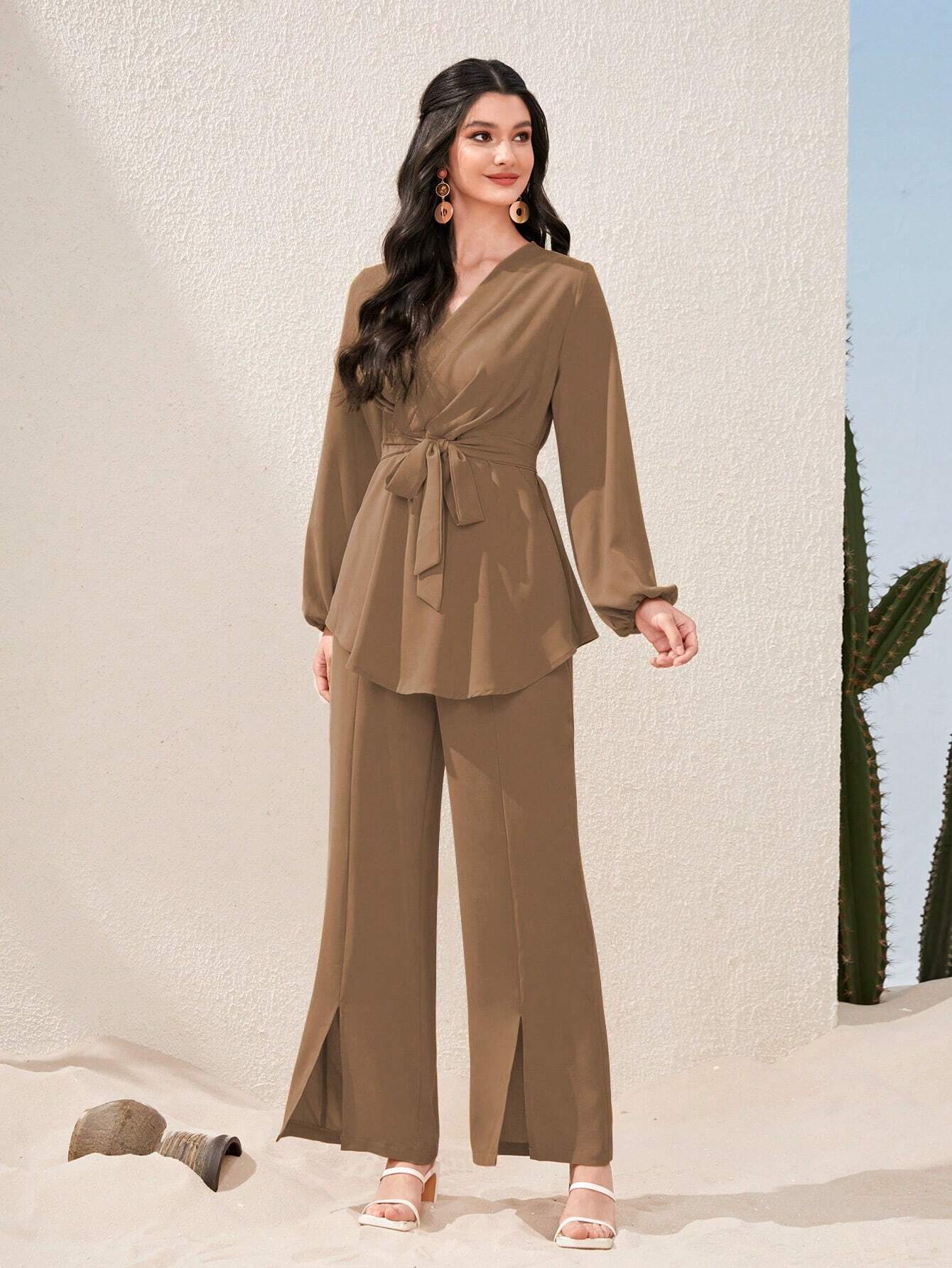 Mulvari Lantern Sleeve Belted Top & Split Hem Pants shein