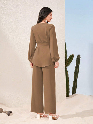 Mulvari Lantern Sleeve Belted Top & Split Hem Pants shein